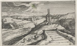Paisaje montañoso con un molino de viento Diferentes paisajes (título de la serie) Topographia variarum regionum (título de la serie) de Simon Frisius (attributed to)