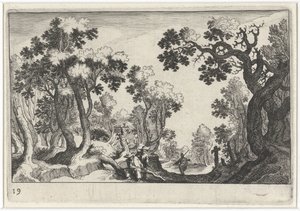 Paisaje boscoso con campesinos de Simon Frisius