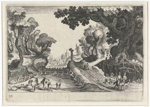 Paisaje forestal con una cruz a lo largo de un camino. Paisajes del sur de Europa (título de la serie) Topographia variarum regionum (título de la serie) de Simon Frisius