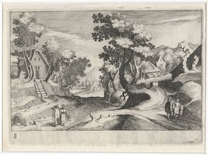 Paisaje montañoso boscoso con edificios y figuras Paisajes del sur de Europa (título de la serie) Topographia variarum regionum (título de la serie) de Simon Frisius