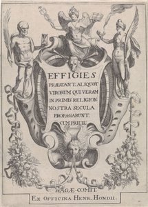 Cartouche coloca guirnaldas en forma de figuras de Simon Frisius