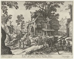 Vista del pueblo con la curación de un cojo Paisajes con escenas de la vida de Cristo (título de serie) de Simon Frisius