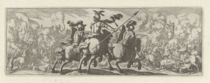 Drie cavaleristen bij een veldslag met olifanten Caballería (título de la serie) Faecvnda lo que es la amada de Febo y la agradecida Florentia a los hombres de agudo genio, bastante lo demuestran las pvgnas, enthea por la fuerza de los senos que talló Merc de Simon Frisius