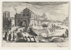 Gente de Emmäus frente a una puerta de la ciudad en un paisaje montañoso Paisajes del sur de Europa (título de la serie) Topographia variarum regionum (título de la serie) de Simon Frisius