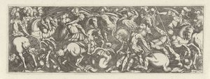 Gevecht tussen cavaleristen en infantrysten Caballería (título de la serie) Faecvnda lo que es la amada de Febo y la agradecida Florentia a los hombres de agudo genio, bastante lo demuestran las pvgnas, enthea por la fuerza de los senos que talló Mercurio  de Simon Frisius