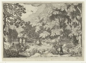 Vista de un bosque con el castillo de Loenersloot Paisajes con figuras (título de serie) de Simon Frisius