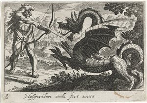 Hércules mata al dragón Ladon Hesperidum mala fert aurea (título sobre objeto) Temas hercúleos (título de la serie)