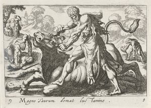 Hércules en batalla con Achelous El gran toro es domesticado por la luz (título sobre objeto) El tema de Hércules (título de la serie) de Simon Frisius