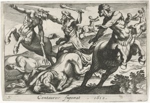 Hércules luchando contra los centauros Centauros superat (título sobre objeto) Temas hercúleos (título de la serie) de Simon Frisius