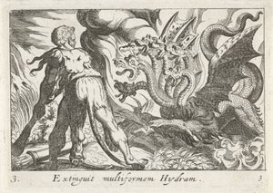 Hércules luchando contra la hidra de Lerna Extinguir Hydram multiforme (título sobre objeto) Temas hercúleos (título de la serie) de Simon Frisius