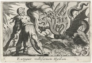 Hércules luchando contra la hidra de Lerna Extinguir Hydram multiforme (título sobre objeto) Temas hercúleos (título de la serie) de Simon Frisius