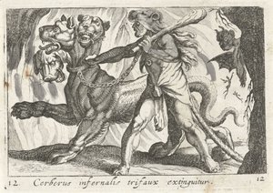 Hércules contra Cerbero Cerberus infernal trifaux extinguido (título sobre objeto) El tema de Hércules (título de la serie) de Simon Frisius