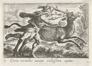 Hércules vangt de Hind van Cerynea Un ciervo con cuernos dorados es capturado muy rápido (título sobre objeto) Tema de Herculische (título de la serie) de Simon Frisius