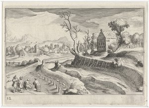 Paisaje montañoso con una capilla Paisajes del sur de Europa (título de la serie) Topographia variarum regionum (título de la serie) de Simon Frisius
