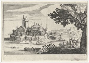 Paisaje montañoso con un castillo en una isla Paisajes del sur de Europa (título de la serie) Topographia variarum regionum (título de la serie) de Simon Frisius