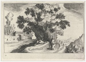 Paisaje montañoso con hacer el amor bajo un árbol. Paisajes del sur de Europa (título de la serie) Topographia variarum regionum (título de la serie) de Simon Frisius