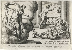Jonge Hércules wurgt twee slangen Hércules mata a dos serpientes en sus cunas (título sobre el objeto) Tema de Herculische (título de la serie) de Simon Frisius