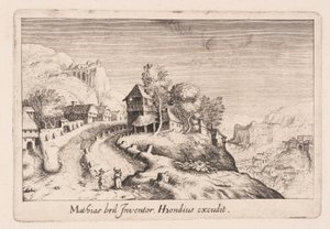 Paisaje con un sendero que asciende una montaña a través de un pueblo, de Topographia Variarum Regionum