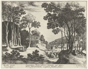 Paisaje con Cristo y la curación de la mujer sangrando Paisajes con escenas de la vida de Cristo (título de serie) de Simon Frisius