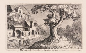 Hombre con un burro caminando junto a un pueblo, de Topographia Variarum Regionum de Simon Frisius
