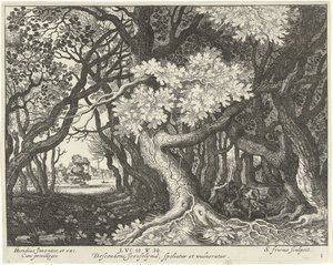 Robo de un hombre en un bosque Parábola del Buen Samaritano (título de la serie) de Simon Frisius