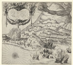 Victoria de los holandeses sobre los portugueses en Tidore (lámina de la izquierda), 1605 de Simon Frisius