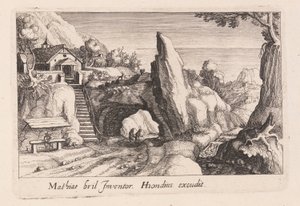 Pareja de figuras caminando bajo un puente de roca, de Topographia Variarum Regionum de Simon Frisius