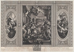 Una escena alegórica que muestra los beneficios del reinado de James en el centro, Gobierno Sabio, 1720 de Simon Gribelin