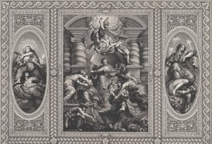 James I nombrando a Carlos como Rey de Escocia en el centro, Minerva atravesando la Ignorancia a la derecha..., 1720