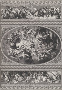La apoteosis de Jacobo I en un óvalo en el centro, frisos con putti y guirnaldas, 1720 de Simon Gribelin