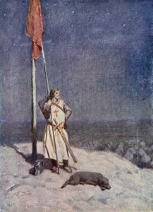 El Caballero vigila en el Monte de San Jorge con la bandera de Inglaterra, ilustración de 