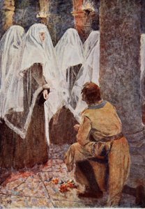 El caballero escocés de rodillas observó cómo las monjas veladas pasaban, ilustración para 