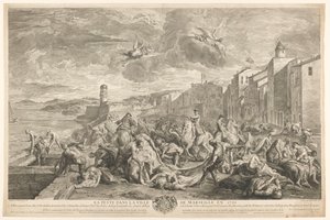 Las víctimas de la peste bubónica son sacrificadas en La Tourette, Marsella La Peste dans la ville de Marseille en 1720 (título sobre objeto) de Simon Henri Thomassin