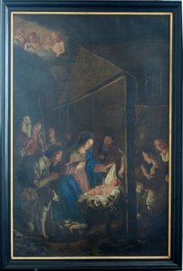 Iglesia parroquial (Iglesia de Nuestra Señora de la Asunción). En el interior. Pintar. Escena navideña. Simon De Paepe. Origen abadía Ename (?). de Simon II de Pape