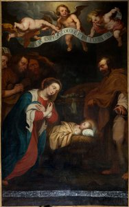 Iglesia parroquial (Parochiekerk Sint-Laurentius). Interior. Nave norte. El altar. Pintura. "El nacimiento de Cristo". gesigneerd Simon de Pape. 1666. de Simon II de Pape