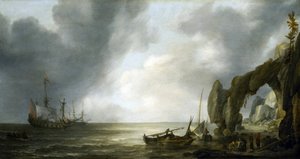 Buques de guerra holandeses anclados frente a una costa rocosa, unos pocos tripulantes desembarcados en la orilla, reunidos en torno a cestas de pesca. de Simon Jacobsz. Vlieger