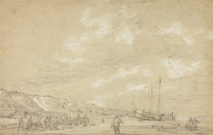 Pescadores secando redes en la playa de Scheveningen de Simon Jacobsz. Vlieger