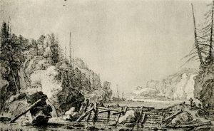 Paisaje con un río entre bancos montañosos de Simon de Vlieger