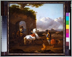 Caballeros en un paisaje italianizante (panel) de Simon Johannes van Douw