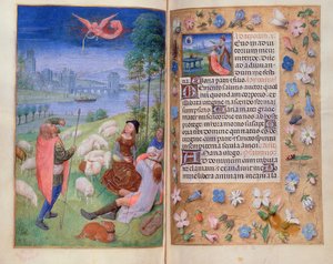 Añadir 38126 fol.79v-80 La Anunciación a los pastores, de las Horas Huth de Simon Marmion