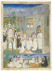 Las santas vírgenes recibidas por Cristo al entrar por las puertas del Paraíso de Simon Marmion
