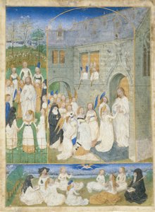 Las santas vírgenes saludadas por Cristo al entrar en las puertas del Paraíso de Simon Marmion