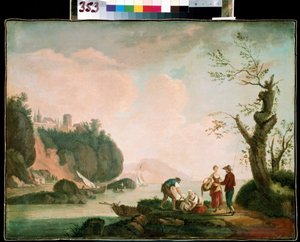 Los pescadores. Pintura de Simon Mathurin Lantarat (1729-1778). Óleo sobre lienzo. Arte francés, rococó. Museo de Arte Mikhail Kroshitsky, Sebastopol (Ucrania) de Simon Mathurin Lantarat