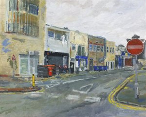 Parte trasera de un desfile de tiendas, 2025 (óleo sobre lienzo) de Simon Neville