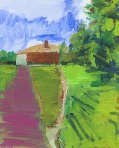 Caminos hacia las casas, 2024 (óleo sobre panel de lienzo) de Simon Neville