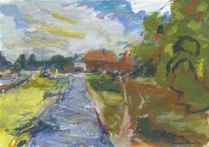 Pavenment  shortcut to houses, 2024 (acrílico, acuarela, lápices de acuarela y pastel al óleo sobre papel) de Simon Neville