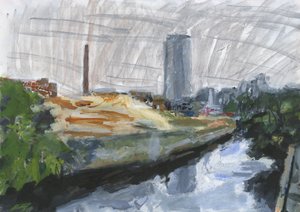River Wandle and Ram Brewery redevelopment site, Wandsworth, 2025 (acrílico, rotuladores de pintura acrílica, rotuladores de tinta china, rotuladores de tinta al óleo y grafito sobre papel) de Simon Neville