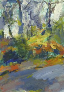 Carretera con árboles y arbustos, 2023 (acrílico sobre papel) de Simon Neville