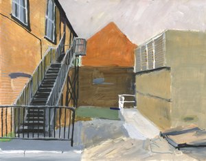Small courtyard, Wandsworth, 2025 (acrílico, rotuladores de pintura acrílica, rotuladores de tinta china, rotuladores de tinta al óleo y grafito sobre papel) de Simon Neville