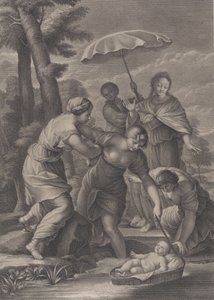 Tres mujeres sacando la canasta con el infante Moisés del agua, ca. 1729